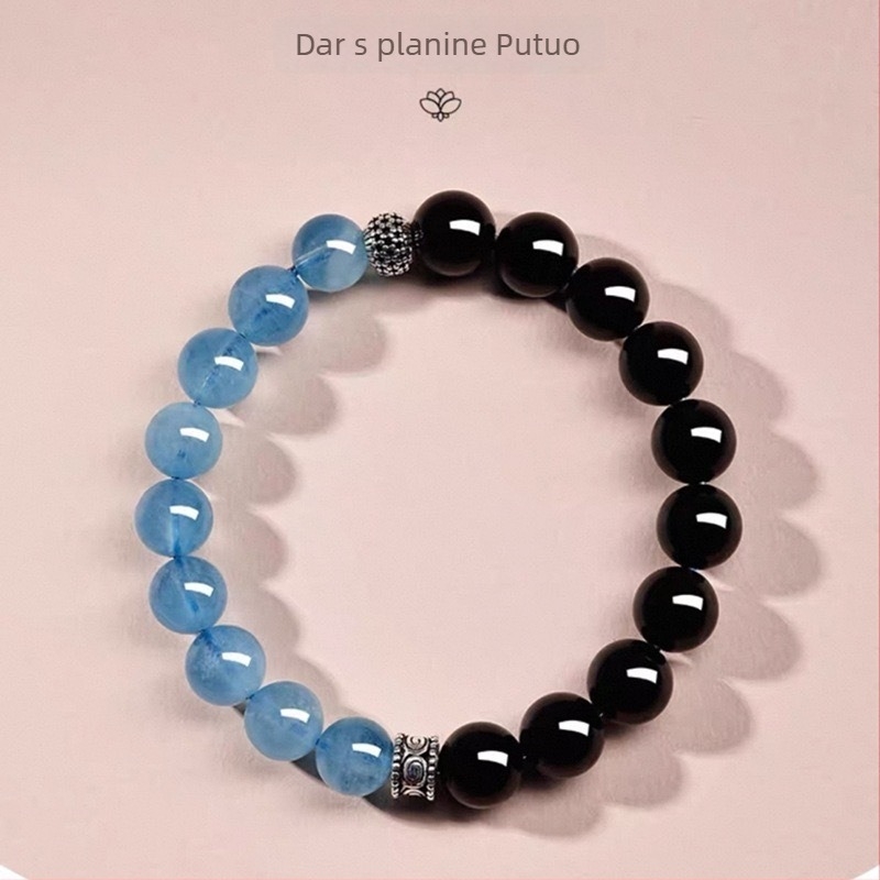 Unisex dvobojna narukvica s akvamarinskim kristalom i obsidianom, dar za godinu zodijaka, umjetni kristal