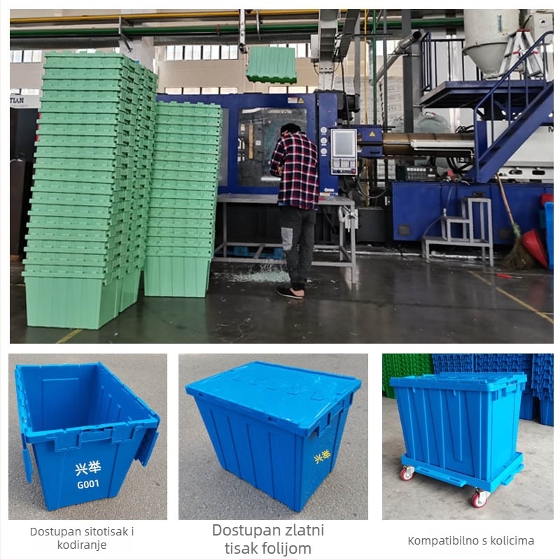 Plastična kutija za transport s poklopcem, ojačana konstrukcija, za logistiku i prijevoz svježih namirnica, velika plava plastična kutija.