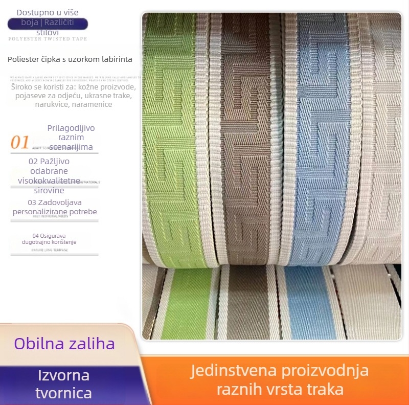3,8 cm široka poliesterska žakard traka s jednostranim uzorkom lavirinta, za kaiše ramena i dodatke torbi