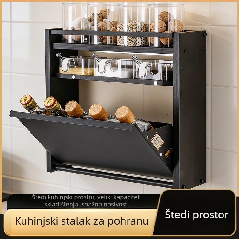 Sklopivi zidni stalak za začine u kuhinji, kutija za začine s poklopcem i zidni ormarić za pohranu.