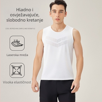 Muška ljetna sportska majica bez rukava, prozračna mrežasta tkanina, bijela, s širokim ramenima