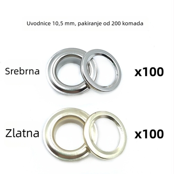 200 kompleta metalnih eyelets promjera 10,5 mm, zlatne i srebrne boje, set s ručnim pritiskom alata – pogodno za obuću, torbe, šešire, kaiševe, tendu i slično