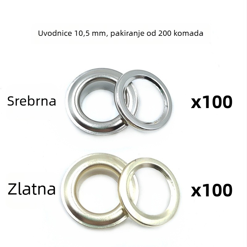 200 kompleta metalnih eyelets promjera 10,5 mm, zlatne i srebrne boje, set s ručnim pritiskom alata – pogodno za obuću, torbe, šešire, kaiševe, tendu i slično