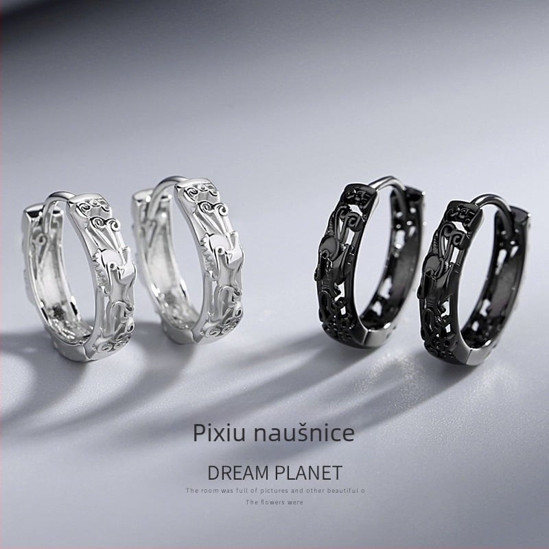 Pixiu muške naušnice, S925 srebro, moderne unisex naušnice