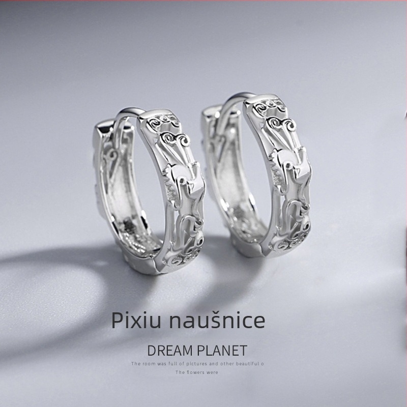 Pixiu muške naušnice, S925 srebro, moderne unisex naušnice