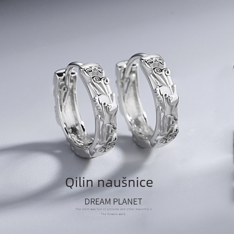 Pixiu muške naušnice, S925 srebro, moderne unisex naušnice