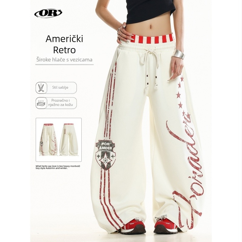 Oreeta Unisex američki retro sportski jogger hlače, s printom, udobne, široke, ležerne, 65% pamuk 35% poliester