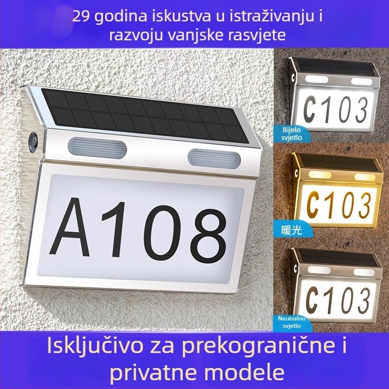 Solarna lampa za kućni broj – vanjska zidna rasvjeta za ulaz u kuću i garažu, bežično LED vrtno svjetlo