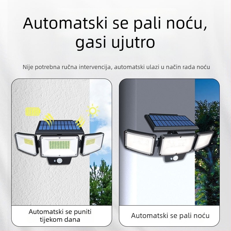 Zidno svjetlo s tri glave, LED sa solarnom energijom, senzor, za vanjsko dvorište