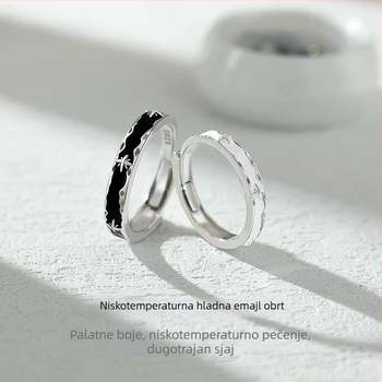 S925 prsten od sterling srebra Night and Dawn sa emajlom, za parove, geometrijski dizajn