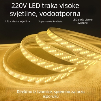 Vanjska vodootporna LED traka 220 V, jednobojna, 100 m, 15 W, 320 LED (3528), 120° kut snopa, CRI 75, 50 000 h, mogućnost prilagodbe.