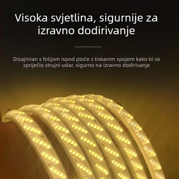 Vanjska vodootporna LED traka 220 V, jednobojna, 100 m, 15 W, 320 LED (3528), 120° kut snopa, CRI 75, 50 000 h, mogućnost prilagodbe.