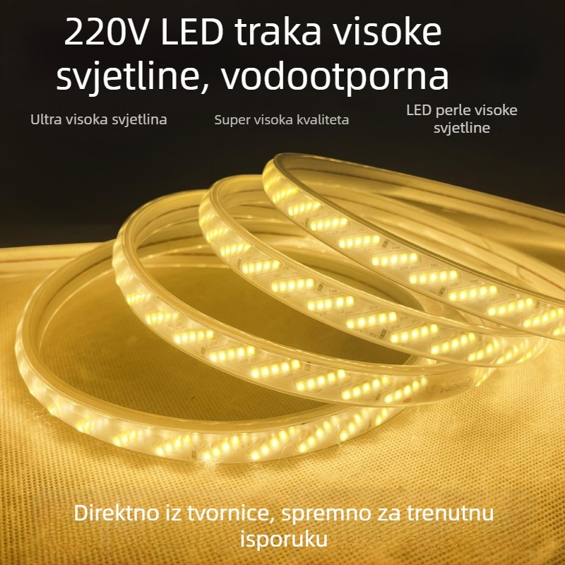 Vanjska vodootporna LED traka 220 V, jednobojna, 100 m, 15 W, 320 LED (3528), 120° kut snopa, CRI 75, 50 000 h, mogućnost prilagodbe.