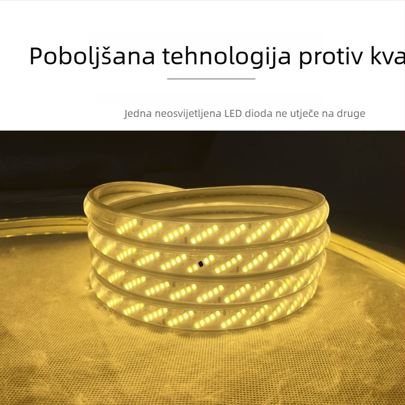 Vanjska vodootporna LED traka 220 V, jednobojna, 100 m, 15 W, 320 LED (3528), 120° kut snopa, CRI 75, 50 000 h, mogućnost prilagodbe.