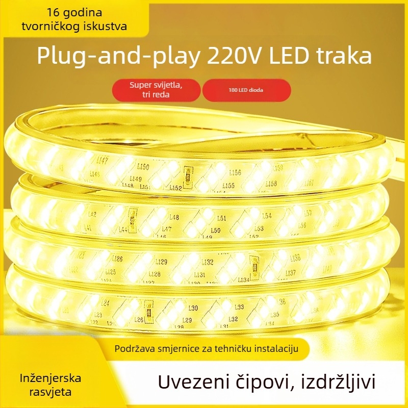 LED traka 220V za vanjsku upotrebu, vodootporna, ultra jaka, 180 LED-ova u konfiguraciji tri reda i pet redova, dekorativna dugačka traka s 320 LED dioda