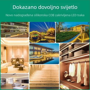 COB LED traka, super svijetla, 220V, samoljepljiva za plafon, silikon, vodootporna, vanjska upotreba, može se rezati, 120 LED (2835), 10W, 180° snop