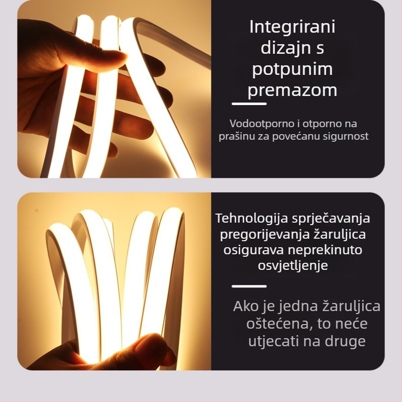 COB LED traka, super svijetla, 220V, samoljepljiva za plafon, silikon, vodootporna, vanjska upotreba, može se rezati, 120 LED (2835), 10W, 180° snop