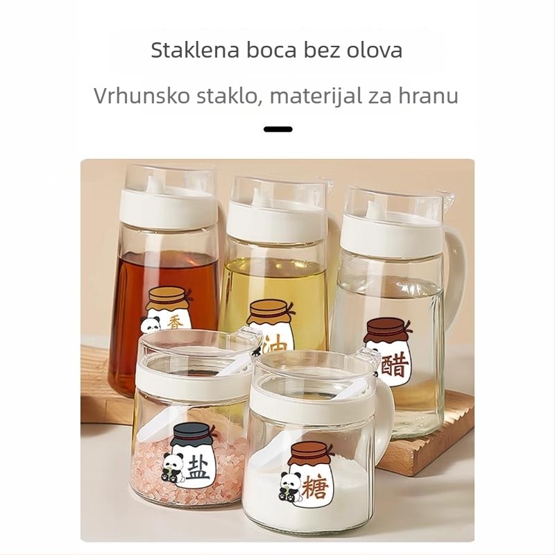 Stakleni set posuda za začine u kuhinji – velike kapacitete, zatvorene posude za sol i začine te boca za ulje