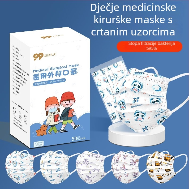 Dječja jednokratna medicinska kirurška maska s motivom crtanog lika, pojedinačno pakirana, prozračna, udobna za uši