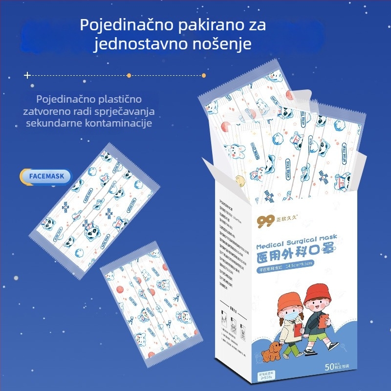 Dječja jednokratna medicinska kirurška maska s motivom crtanog lika, pojedinačno pakirana, prozračna, udobna za uši