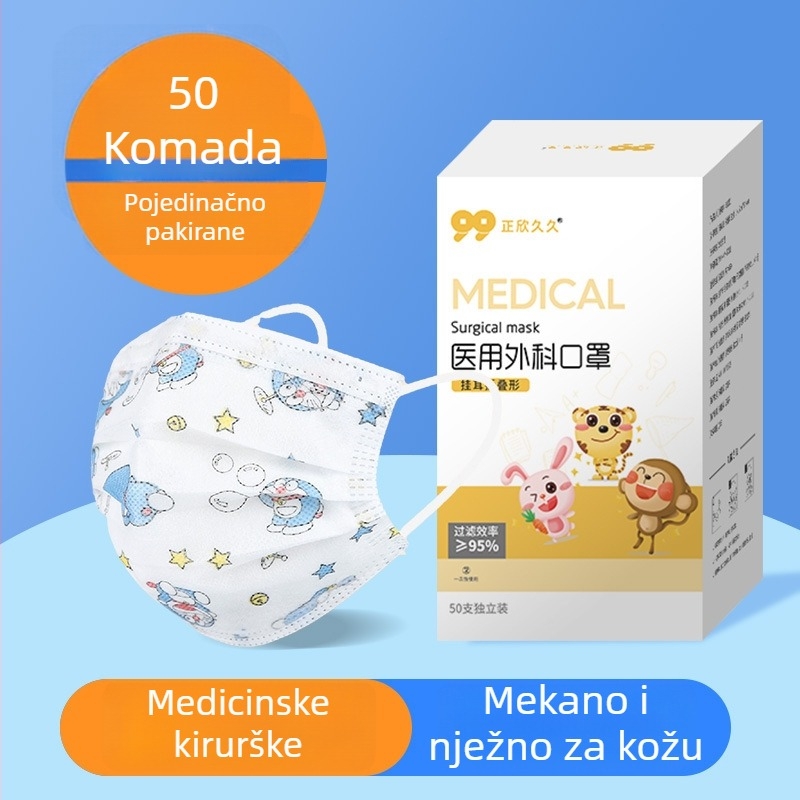 Dječja jednokratna medicinska kirurška maska s motivom crtanog lika, pojedinačno pakirana, prozračna, udobna za uši