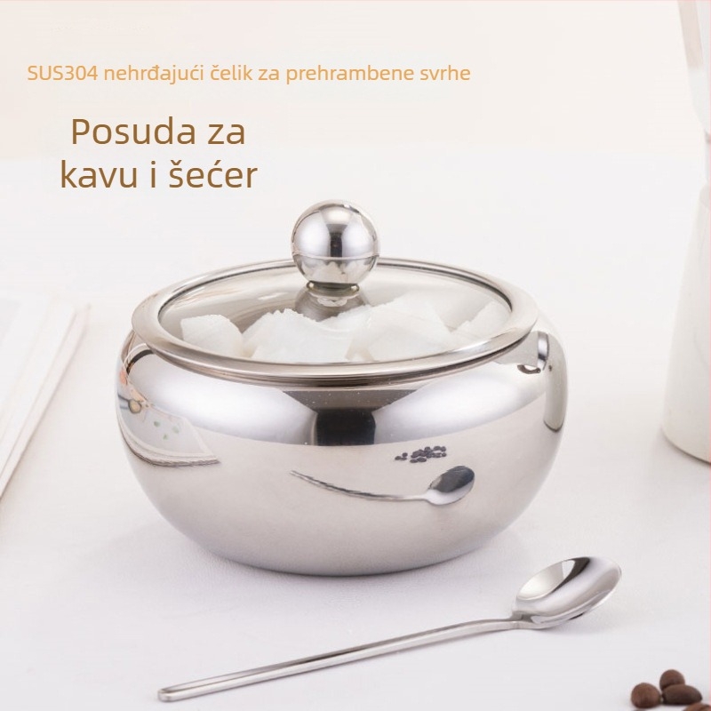 Set okruglih staklenih posuda za začine od nehrđajućeg čelika 304, uključujući posudu za kavu, prozirnu posudu za šećer te posude za sol i papar u kuhinju