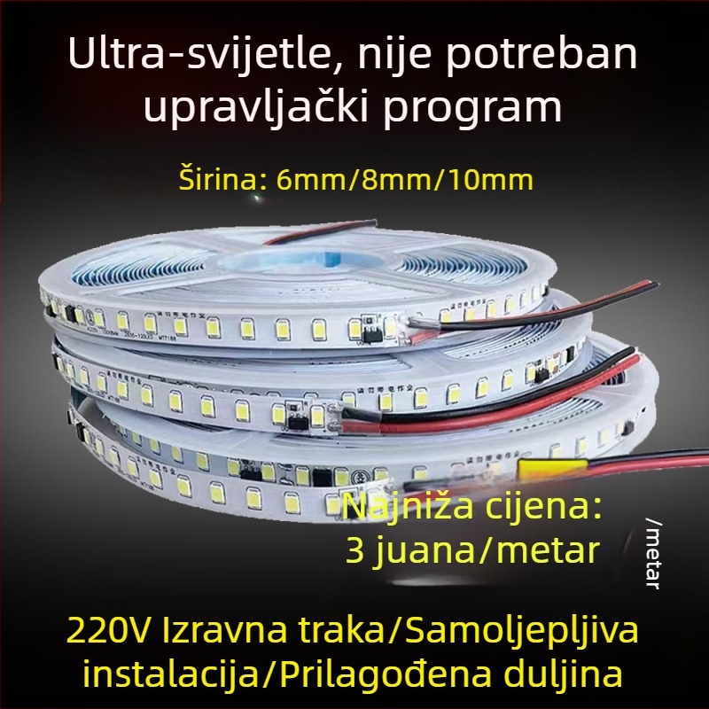 220V samoljepljiva LED traka za rasvjetu, širine 8 mm, ultra jaka, bez upravljača, linearna LED traka s stražnjim ljepilom, dimabilna