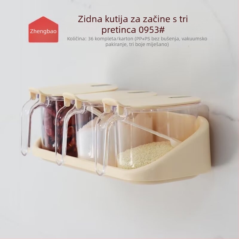 Zidna kutija za začine s tri odjeljka, bez bušenja, prozirna plastična posuda sa žličicom.