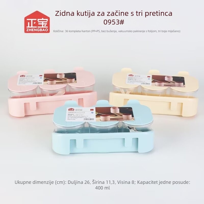 Zidna kutija za začine s tri odjeljka, bez bušenja, prozirna plastična posuda sa žličicom.
