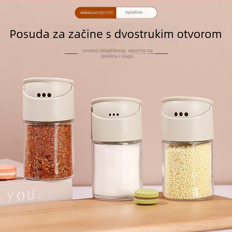 Staklena posuda za začine s dvostrukim otvorom za sol, kumin i papar