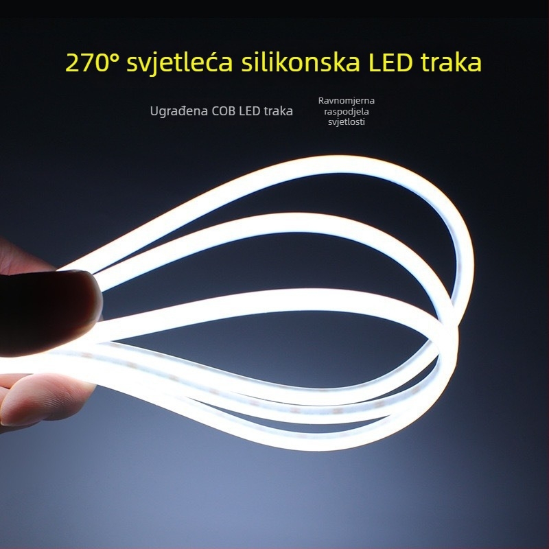 Prilagođena COB LED traka s 270° zračenjem, D-tip silikonizirani fleksibilni trak za ormariće i kupaonicu, vodootporna i otporna na zamagljivanje, 12V, 1000 mm, 480 LED, topla bijela, dimmer