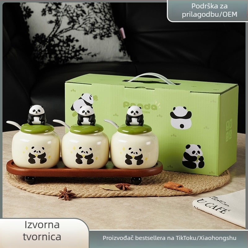 Panda keramička posuda za sol s poklopcem, otporna na vlagu, kuhinjski set začina