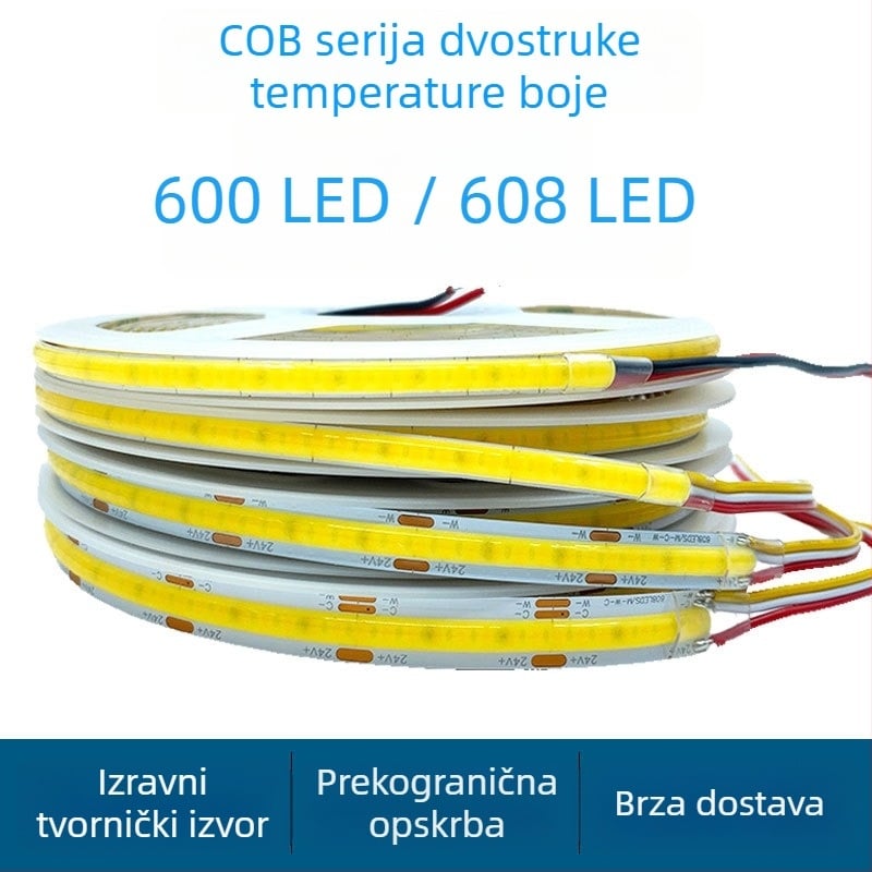 COB LED trak s dvostrukom temperaturom boje, 5V/12V/24V, ultra uska, samoljepljiva, 608 LED, kut zračenja 150°, CRI 90, 7–14 W
