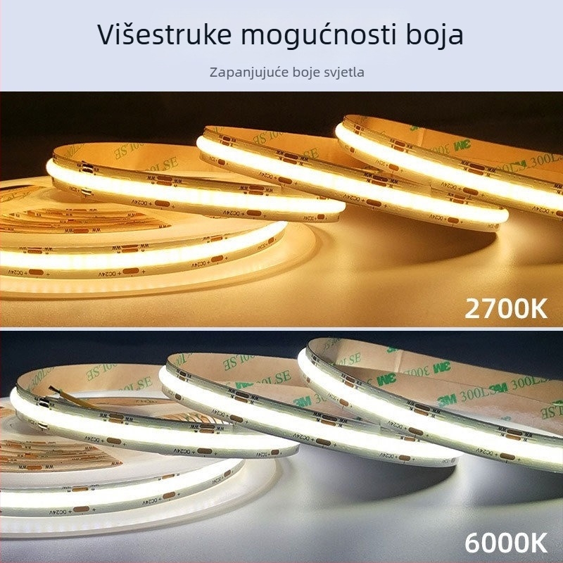 COB LED trak s dvostrukom temperaturom boje, 5V/12V/24V, ultra uska, samoljepljiva, 608 LED, kut zračenja 150°, CRI 90, 7–14 W