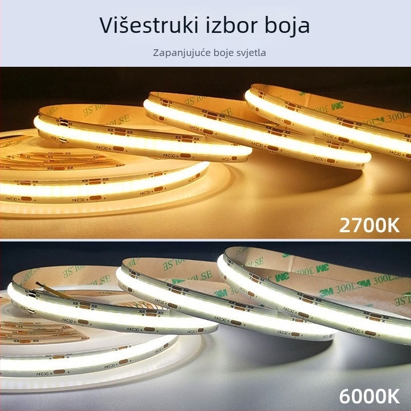COB LED trak s dvobojnom temperaturom, 5V/12V/24V, izuzetno uzak, samoljepljiv, 2- ili 3-žilni