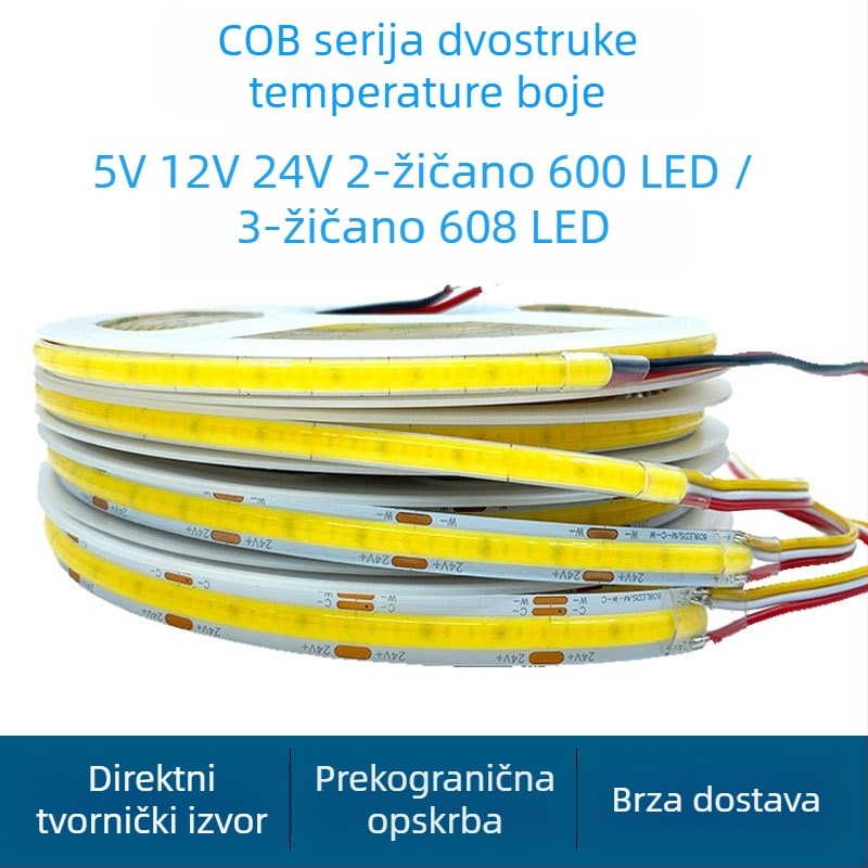 COB LED trak s dvobojnom temperaturom, 5V/12V/24V, izuzetno uzak, samoljepljiv, 2- ili 3-žilni