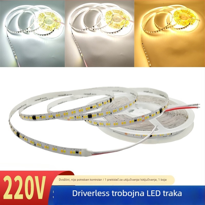 LED traka 220V s dvostrukom temperaturom boje, 192 LED-a, trobojna, bez upravljača, gola ploča, sprej ljepila, 12,5 cm rezna linearna svjetlost
