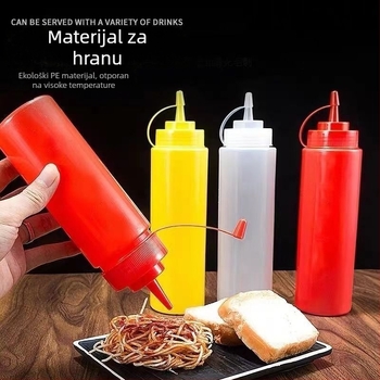 3 plastične bočice za umake za istiskivanje: kečap, sos od ostrige, dresing za salatu i ulje