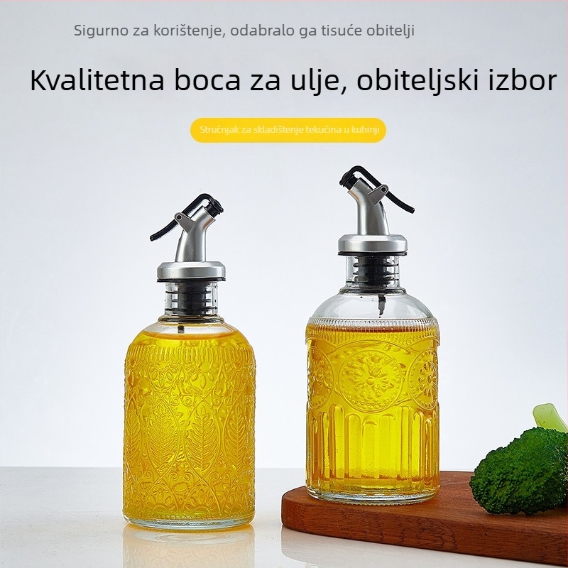 Staklena bočica za ulje s uskim otvorom, otporna na propuštanje, vintage reljefni cvjetni dizajn, kuhinjski dozator maslinovog ulja, precizna kontrola protoka ulja