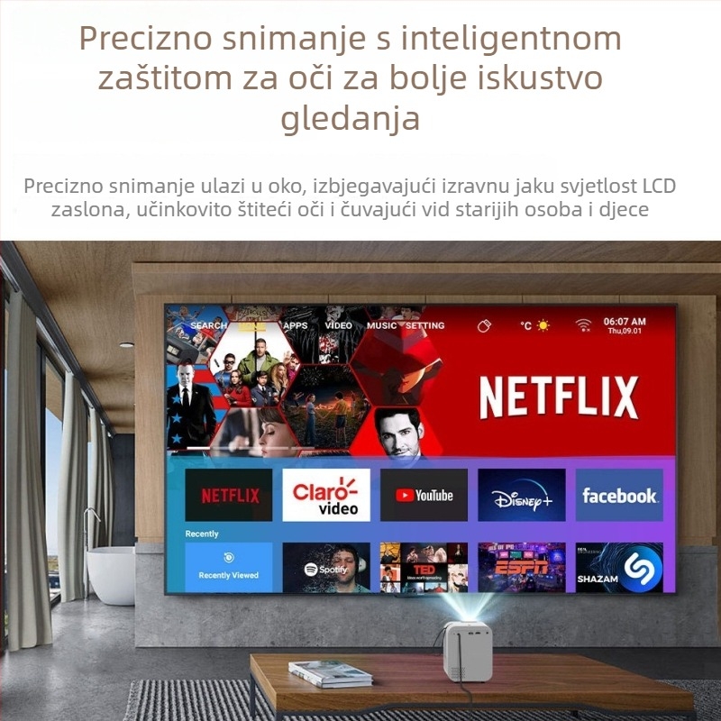 Kućni projektor za spavaću sobu, projekcija na zidu, bežično zrcaljenje zaslona, kompaktan i prijenosni za kućnu upotrebu