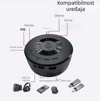Kompaktni kružni projektor s kabelskim zrcaljenjem zaslona, podržava Android i iPhone, USB MP4 1080p
