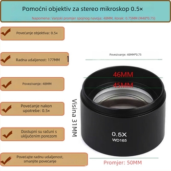 Stereomikroskop pomoćni objektiv WD165/WD30, 5x okular, 2x/0.3x/0.5x/0.7x objektivi, otporan na prašinu