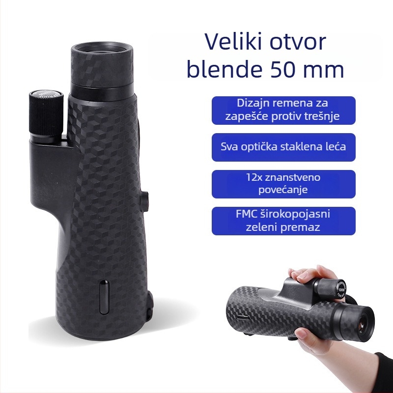 HD monocularni teleskop s 50 mm objektivom, podesivim fokusom, velikim ručnim kolom, narukvica za zapešće, prijenosan za mobitel