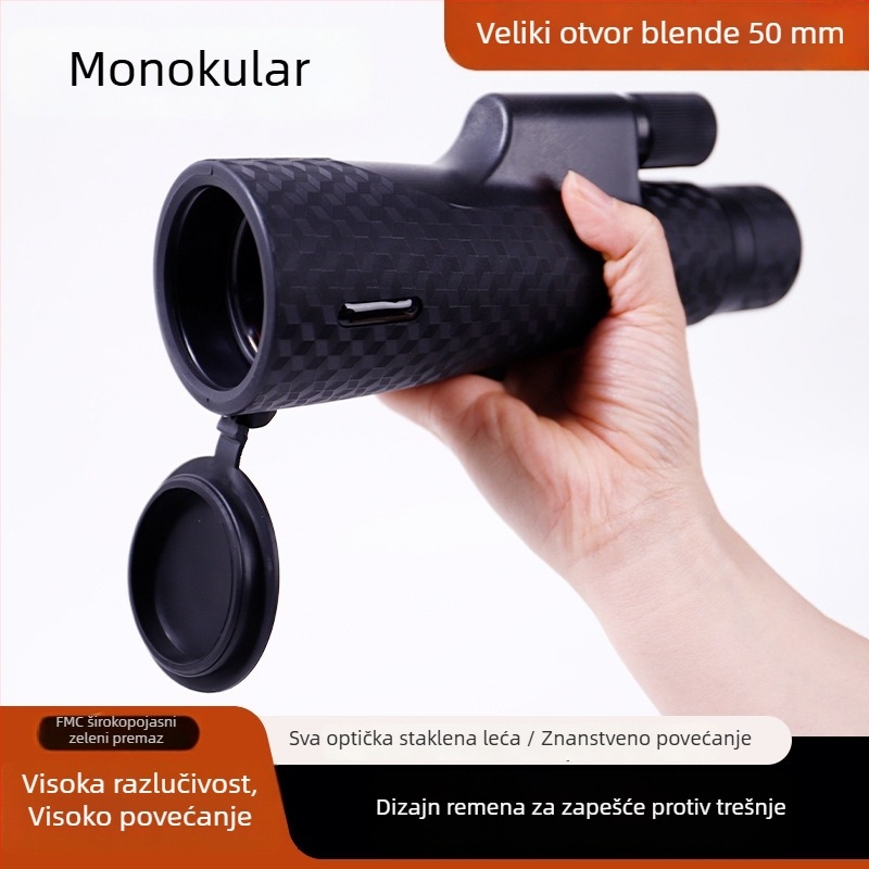 HD monocularni teleskop s 50 mm objektivom, podesivim fokusom, velikim ručnim kolom, narukvica za zapešće, prijenosan za mobitel