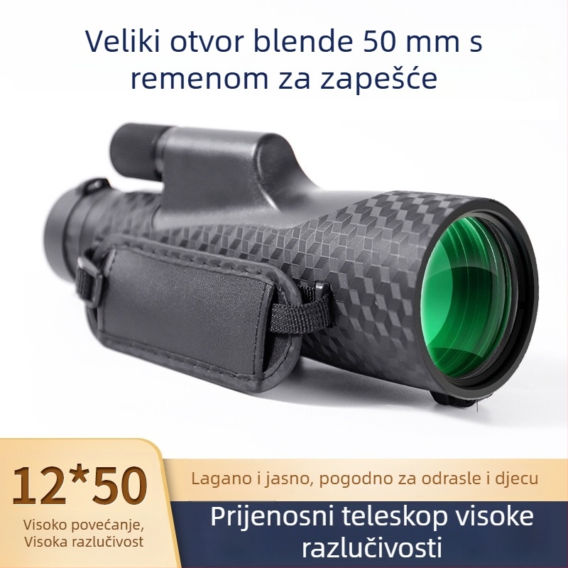 HD monocularni teleskop s 50 mm objektivom, podesivim fokusom, velikim ručnim kolom, narukvica za zapešće, prijenosan za mobitel