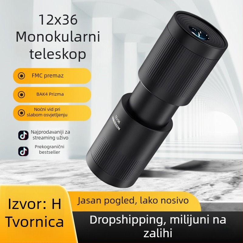 12x36 monokularni teleskop za koncerte, sportske događaje, outdoor putovanja i fotografiju, HD, prijenosan, ultraširi kut