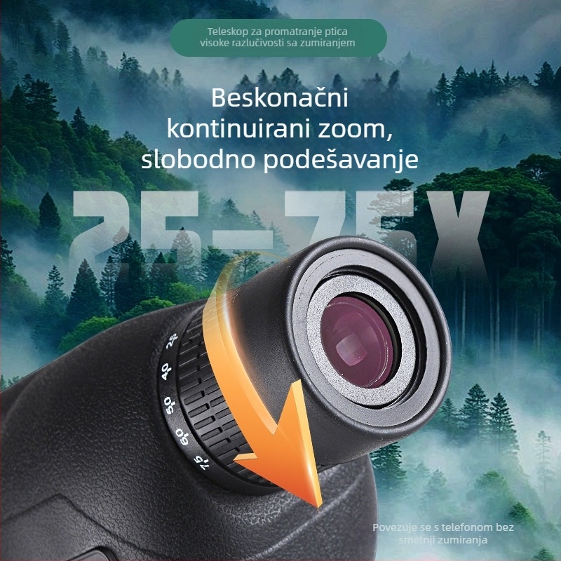 Monokular za promatranje ptica 25-75x60, sa nosačem za stativ i držačem za telefon za fotografiranje