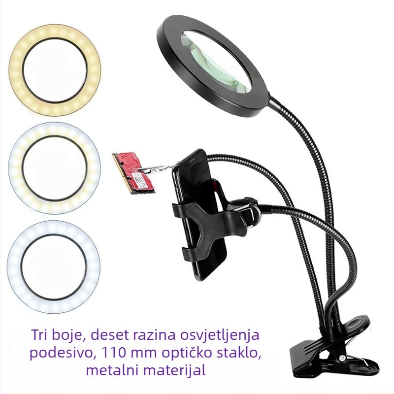 Lupa s 72 LED diodama, 10× optička leća, metalna leća, fleksibilna cijev, klips za telefon