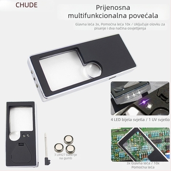 Chuda ultra-tanka prijenosna LED lupa za čitanje, džepnog formata, 5 LED, dvostruka leća, uz olovku
