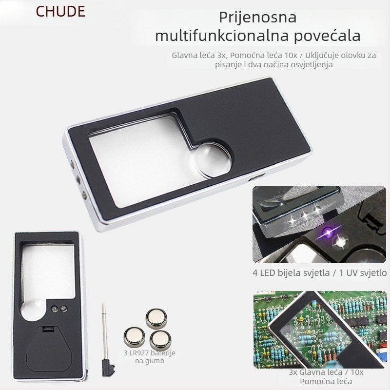 Chuda ultra-tanka prijenosna LED lupa za čitanje, džepnog formata, 5 LED, dvostruka leća, uz olovku